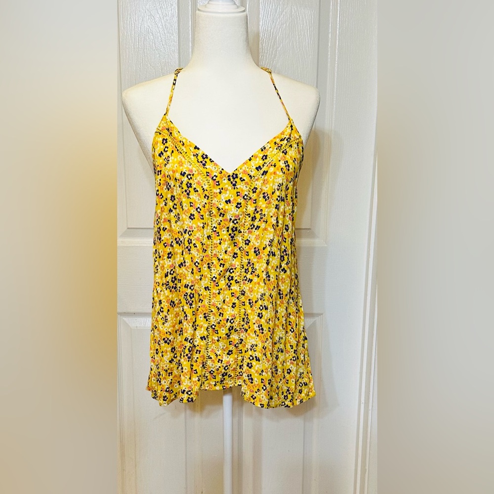 Lush Top  Blouse yellow floral racer back b-neck spaghetti strap size Medium